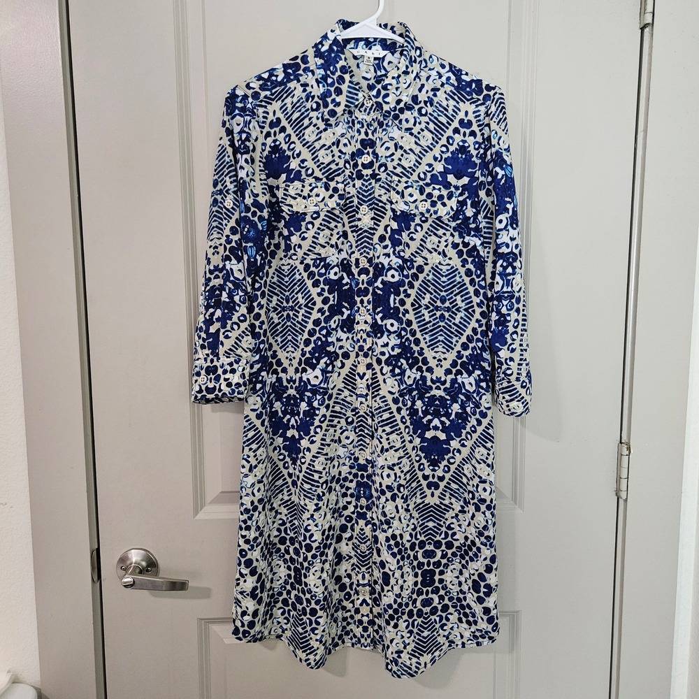 Cabi Blue Geometric Kaleidoscope Print Button Down Shirt Dress Womens S